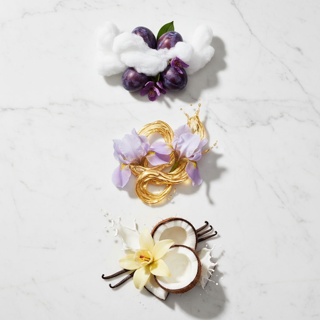 Kopfnoten: Moschus, Pflaume
Herznote: Praliné, Schwertlilie (Orris)
Basisnoten: Vanille, Kokosnuss